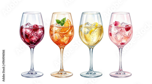 Watercolor collection of four refreshing cocktails with fruits and ice