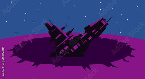 crashed spaceship in alien planet crater a sci-fi illustration of a space accident on an extraterrestrial landscape.