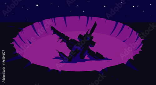 crashed spaceship wreckage in a vivid purple impact crater on a desolate alien surface under a starry night depicting space accident.
