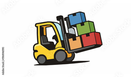 Cute cartoon forklift truck with happy boxes vector illustration isolated on white background