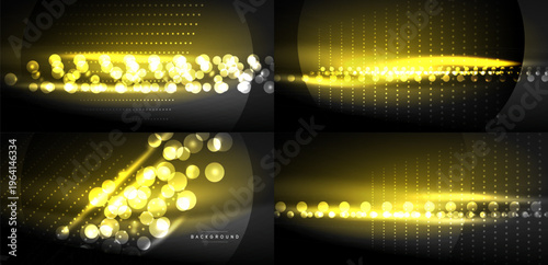 Dark backgrounds feature glowing yellow particles, lines. Abstract design suggests energy, technology, futuristic concepts. Brightness creates visual impact.