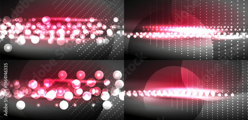 Abstract backgrounds feature glowing spheres, lines, dots. Pink, white hues dominate dark canvas. Modern design elements present.