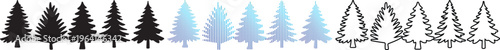 Pine tree icons, 15 evergreen vector silhouettes and outlines
