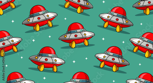 ufo cartoon seamless pattern featuring red flying saucers floating across a green background perfect for kids textiles and sci-fi themes.