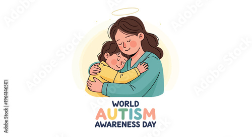 A woman hugging a child with a World Autism Awareness Day logo and colorful design elements on a white background, conveying a supportive and informative mood with a mix of pastel colors.