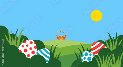 easter egg hunt with colorful decorated eggs hidden in green grass under a bright sun and a basket on rolling hills.