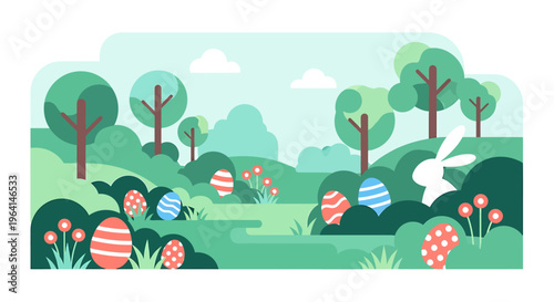 modern flat design easter egg hunt in a lush green springtime landscape with a cute bunny and colorful eggs for happy easter celebrations.