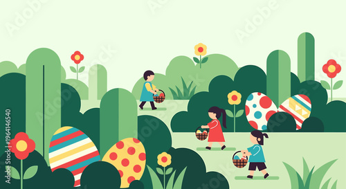 easter egg hunt children collecting colorful easter eggs in a green spring park a joyful holiday celebration activity for kids.