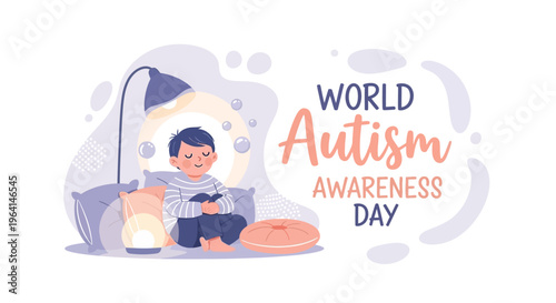 Illustration of a child sitting with a tablet on World Autism Awareness Day, surrounded by a lamp and pillows, with a design celebrating autism awareness in a colorful and supportive