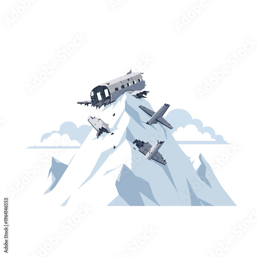 an airplane crash and aviation disaster scene depicted as scattered plane wreckage on a snowy mountain ideal for emergency news.