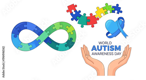 Vector illustration of hands holding autism awareness symbols with a colorful infinity loop and puzzle pieces on World Autism Awareness Day.