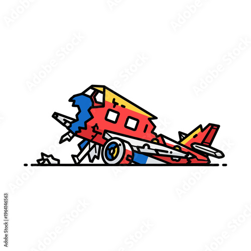 crashed airplane plane crash and damaged aircraft wreck illustration in flat design isolated on white.