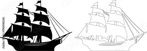 Vintage sailing ship icons. Old nautical vessel vectors.