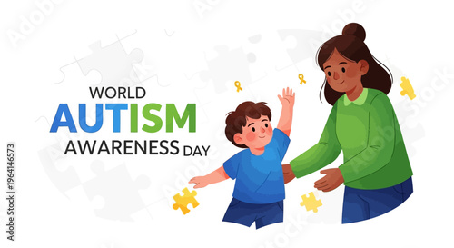 Illustration of a woman and child celebrating World Autism Awareness Day with puzzle pieces, conveying a supportive and educational mood with a mix of bright colors.