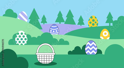 easter egg hunt with decorative eggs and a white basket on a vibrant green springtime landscape ideal for holiday fun.