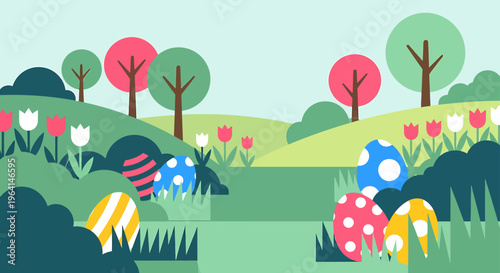 modern flat design easter egg hunt scene with colorful eggs and blooming tulips in a vibrant spring landscape.