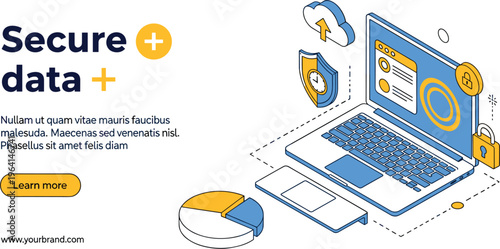 Secure data protection landing page isometric vector illustration with laptop cloud storage shield and business growth charts.