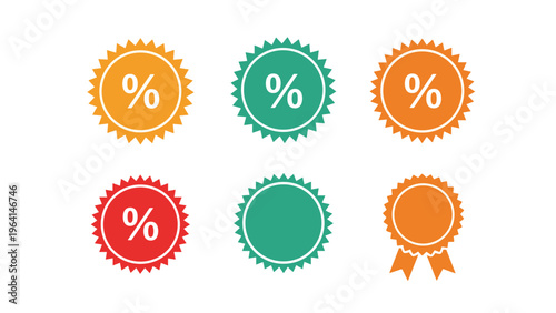 Collection of six vibrant circular price tag icons in orange, red and green colors featuring a white percentage symbol.