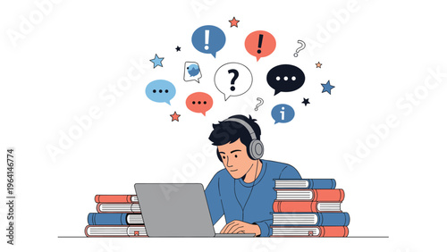 Young man studying at a laptop with a stack of books and various question or exclamation marks in colorful bubbles.