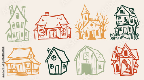 Hand-drawn collection of spooky old houses, haunted mansions, and rustic buildings with a distressed doodle aesthetic, perfect for Halloween designs