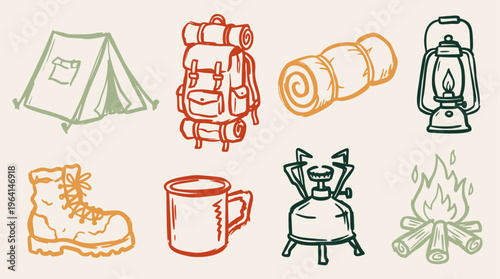 Hand-drawn vector illustration of essential camping and hiking gear, featuring a tent, backpack, sleeping bag, lantern, boot, mug, stove, and campfire
