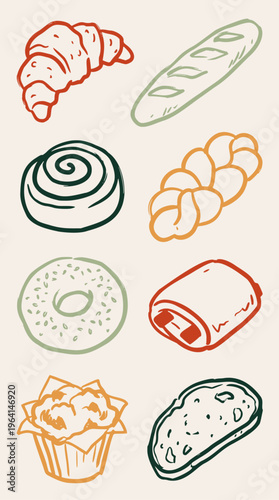 A delicious collection of hand-drawn vector illustrations depicting various freshly baked pastries and breads in a rustic, minimal outline style, perfect for bakeries and menus