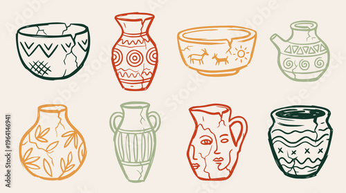 Hand-drawn vector illustration of antique and rustic pottery collection, featuring cracked vases and bowls with tribal patterns and abstract designs