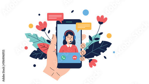 Woman with a headset on a smartphone screen provides customer support in a vibrant illustration surrounded by stylized leaves and flowers.