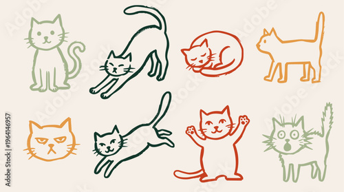 Schilderij op canvas A charming collection of hand-drawn vector cat illustrations, featuring various