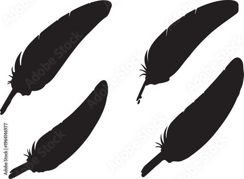Black feather silhouettes set, minimalist bird plume vector icons, 4 decorative quill elements for graphic design and logo creation
