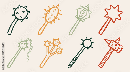 A vibrant collection of hand-drawn doodle vector maces and spiked hammers, featuring medieval weaponry in a simple, playful sketch style