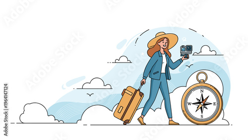 Female traveler wearing a sun hat and carrying a suitcase walks past a giant compass while recording her journey with a camera.