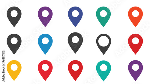 Collection of fifteen colorful map pin icons arranged in three rows, providing a variety of options for location and navigation design.