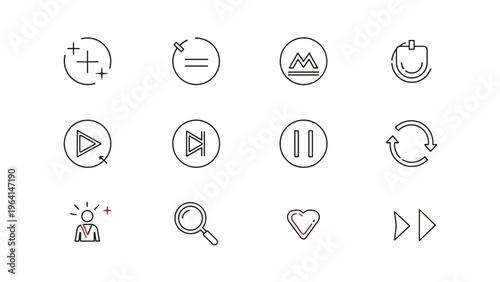Variety of twelve media player and user interface icons such as play, pause, heart, and search are shown in a clean line art style.