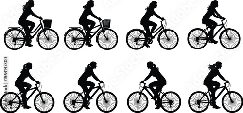 Set of black silhouettes of female cyclists riding city and mountain bikes with baskets isolated on white background.