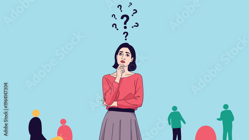 Pensive woman stands thinking with question marks floating above her head in a colorful illustration about decisions and curiosity.