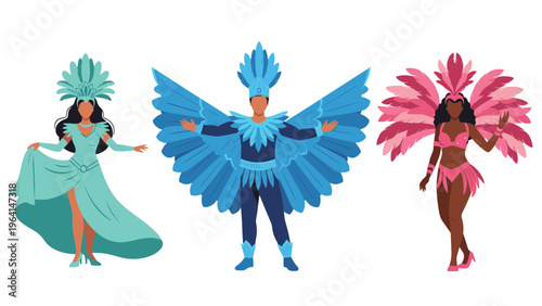 Trio of carnival dancers dressed in vibrant feathered costumes of turquoise, blue, and pink colors for a festive performance.