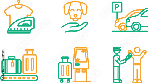 Iconic symbols representing various airport and travel-related services and facilities
