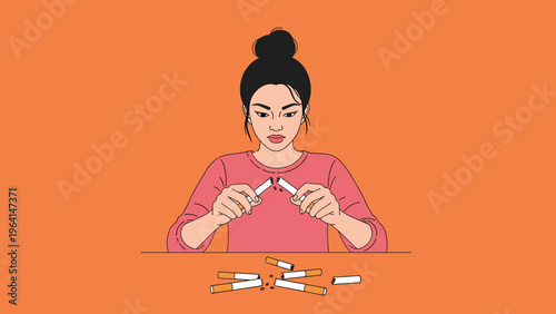 Young woman breaking a cigarette in half to show her commitment to quitting smoking against a bright orange background at a table.