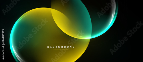 Abstract design features flowing curves, vibrant yellow, teal hues. Dark background emphasizes luminous shapes, creating modern aesthetic.