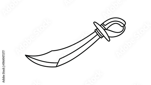 Traditional curved sword or scimitar is depicted in a simple black and white line art style, perfect for historical or fantasy themes.