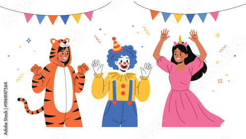 Three cheerful people dressed in tiger, clown, and unicorn costumes having a great time at a festive party with colorful bunting.