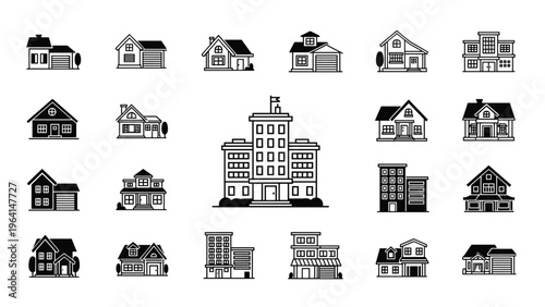 Large collection of diverse house and building icons in black and white styles representing different types of real estate.