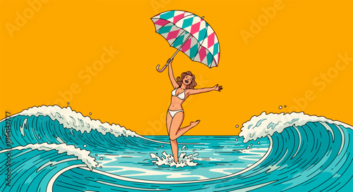 Cheerful woman in a white bikini joyfully balances atop turbulent ocean waves holding a colorful patterned umbrella for exaggerated sun protection during a chaotic summer day.