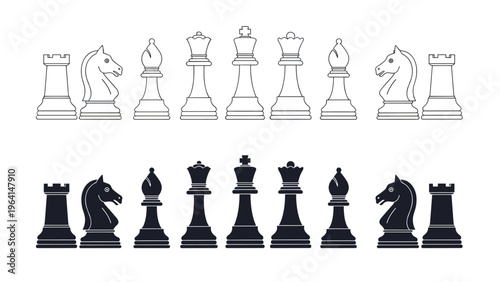 Complete set of chess pieces shown in both outline and solid black styles for strategic game design and illustrations.