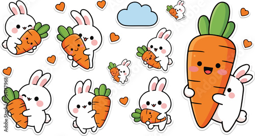 A collection of adorable cartoon white bunnies happily holding and interacting with various sized cheerful orange carrots, perfect for cute children's designs, spring themes, and Easter celebrations a