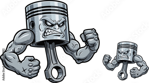 Muscular cartoon engine piston character flexing powerful bicep arms in an aggressive challenging pose illustrating mechanical strength and raw power