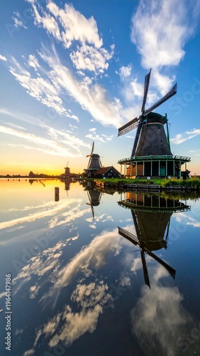 Windmills Reflecting Sky at Zaanse Schans, Netherlands.