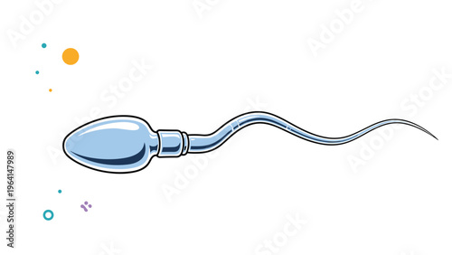 Detailed illustration of a single blue sperm cell swimming towards the left with abstract colorful shapes in the background.