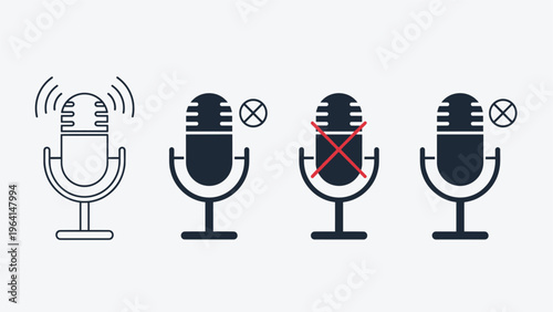 Four different microphone icons in various styles including active muted and disabled options for audio interface design.